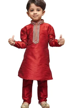 Embroidered Dupion Silk Kurta in Maroon