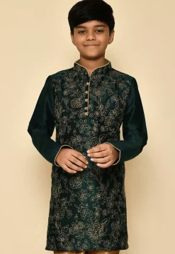 Embroidered Dupion Silk Kurta in Dark Green