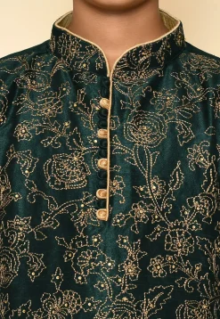 Embroidered Dupion Silk Kurta in Dark Green