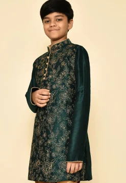 Embroidered Dupion Silk Kurta in Dark Green