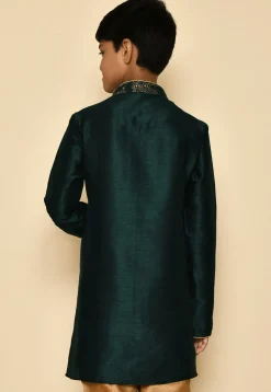 Embroidered Dupion Silk Kurta in Dark Green