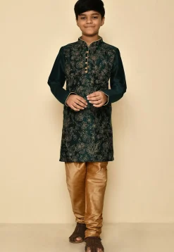 Embroidered Dupion Silk Kurta in Dark Green