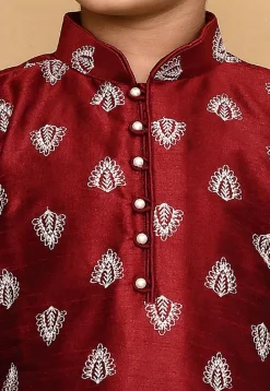 Embroidered Dupion Silk Kurta Set in Maroon