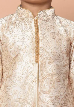 Embroidered Dupion Silk Kurta Set in Off White