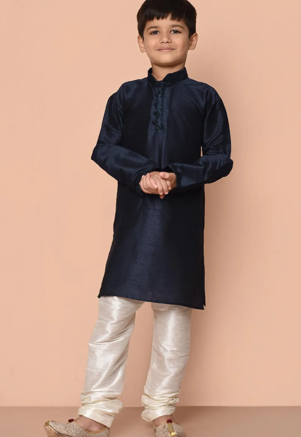 Embroidered Dupion Silk Kurta Set in Navy Blue