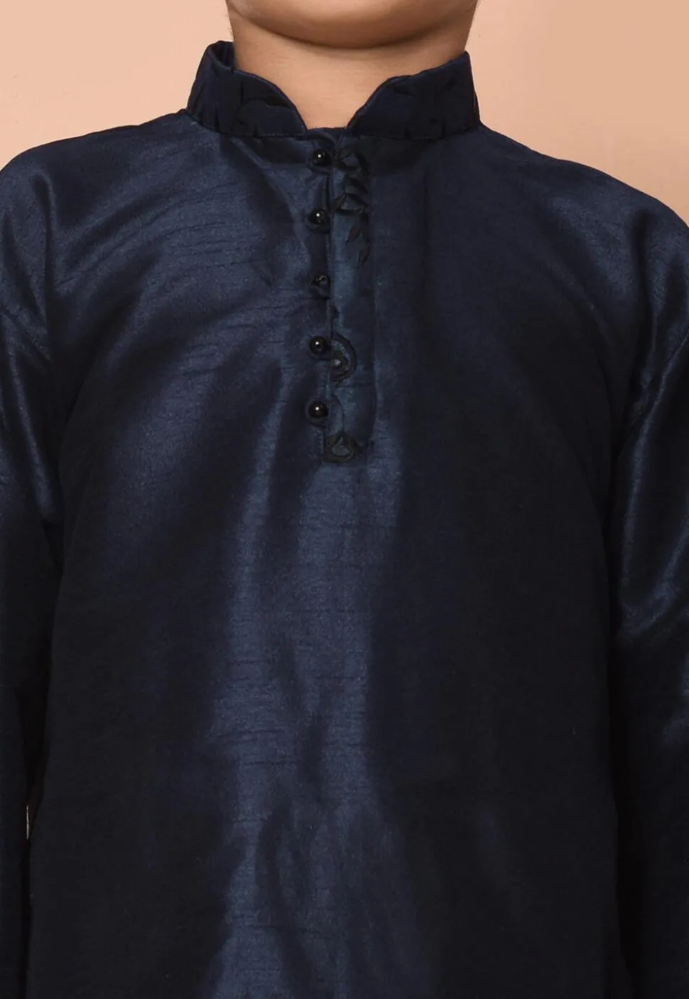 Embroidered Dupion Silk Kurta Set in Navy Blue