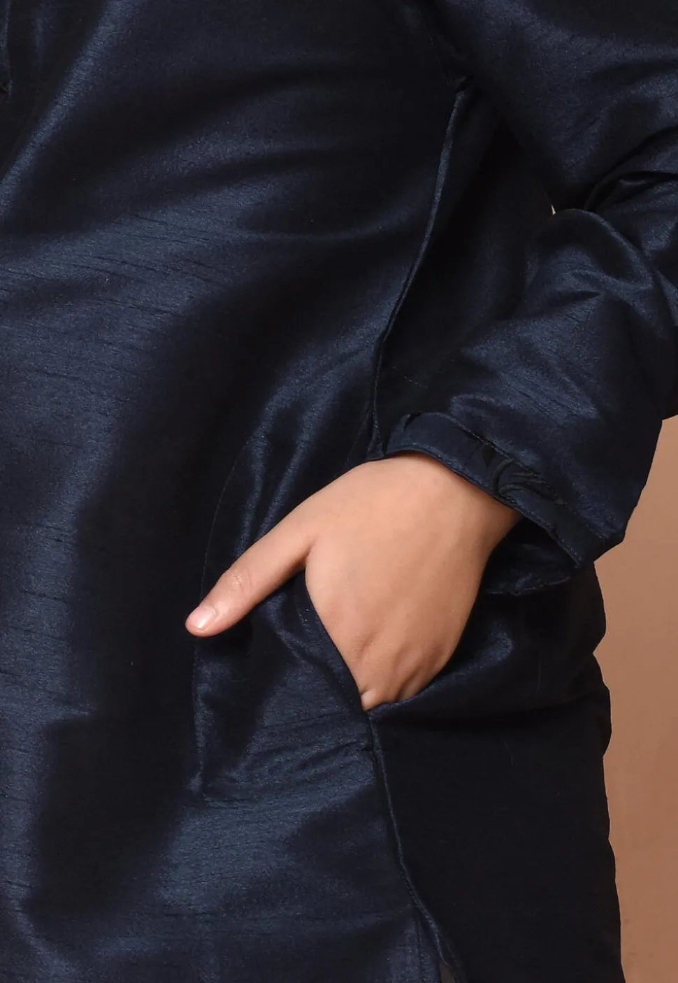Embroidered Dupion Silk Kurta Set in Navy Blue