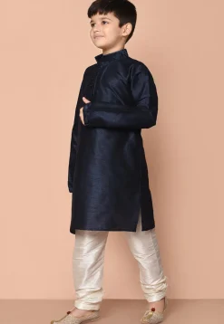 Embroidered Dupion Silk Kurta Set in Navy Blue