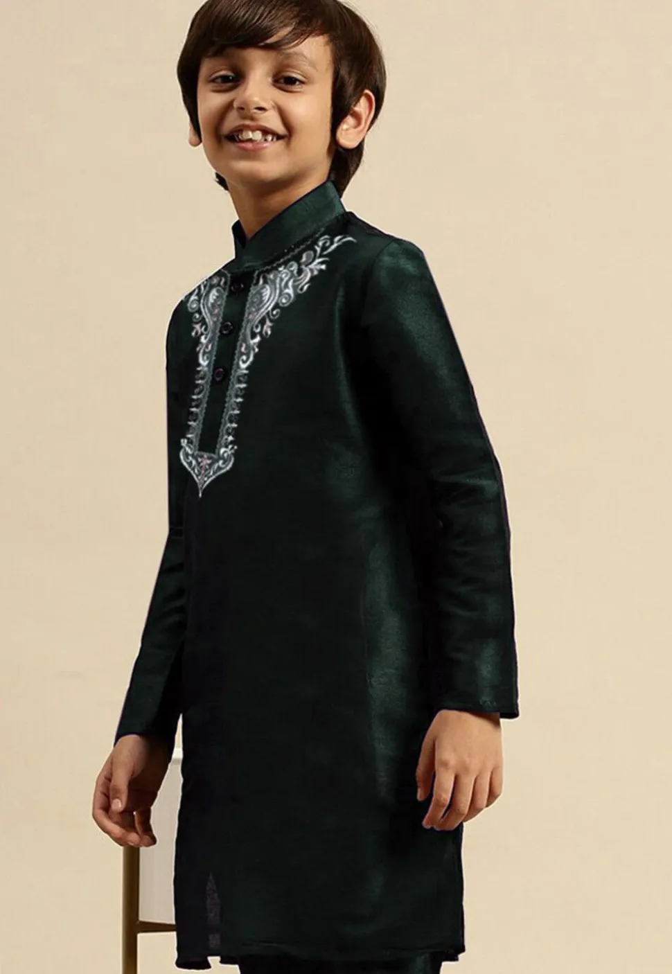 Embroidered Dupion Silk Kurta in Dark Green