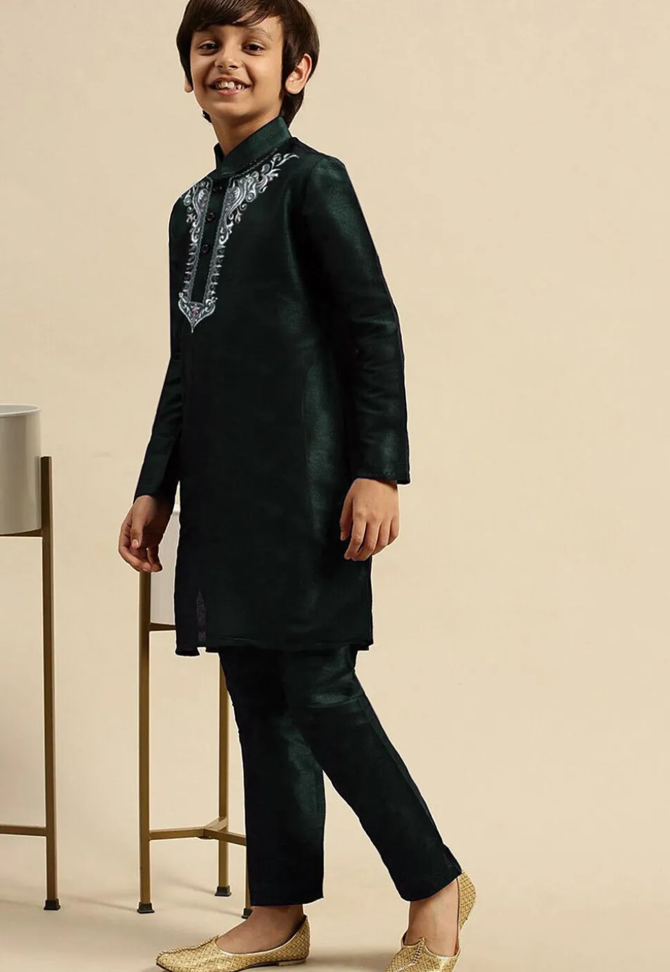 Embroidered Dupion Silk Kurta in Dark Green