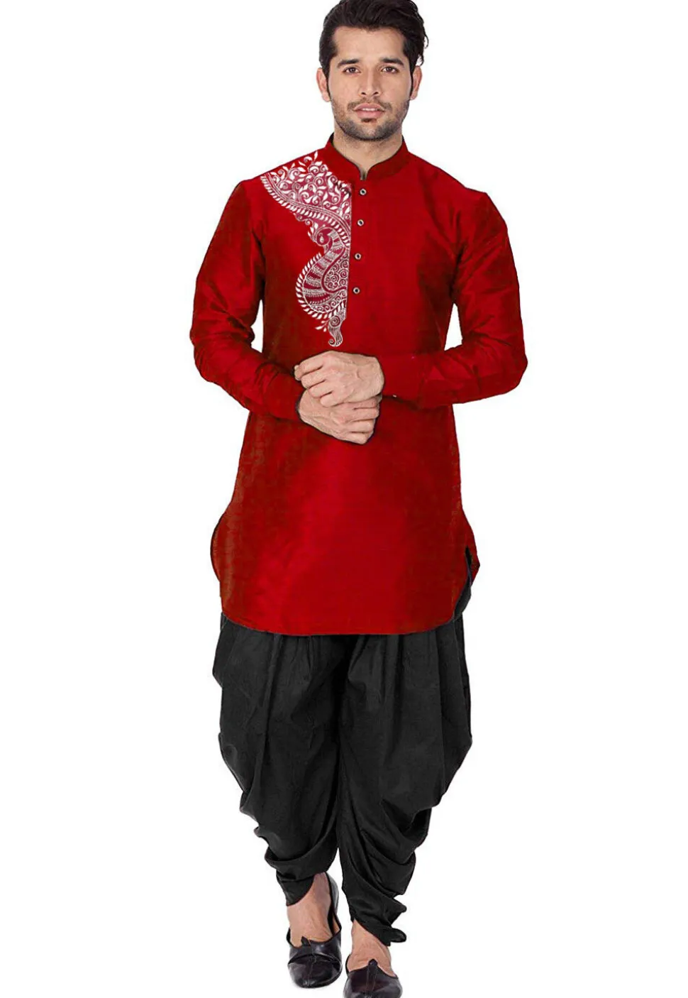 Embroidered Dupion Silk Kurta Set in Red