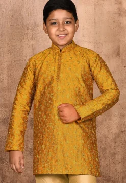 Embroidered Dupion Silk Kurta in Mustard