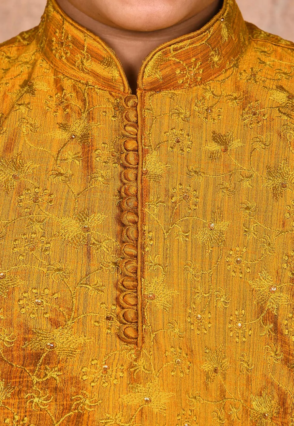 Embroidered Dupion Silk Kurta in Mustard