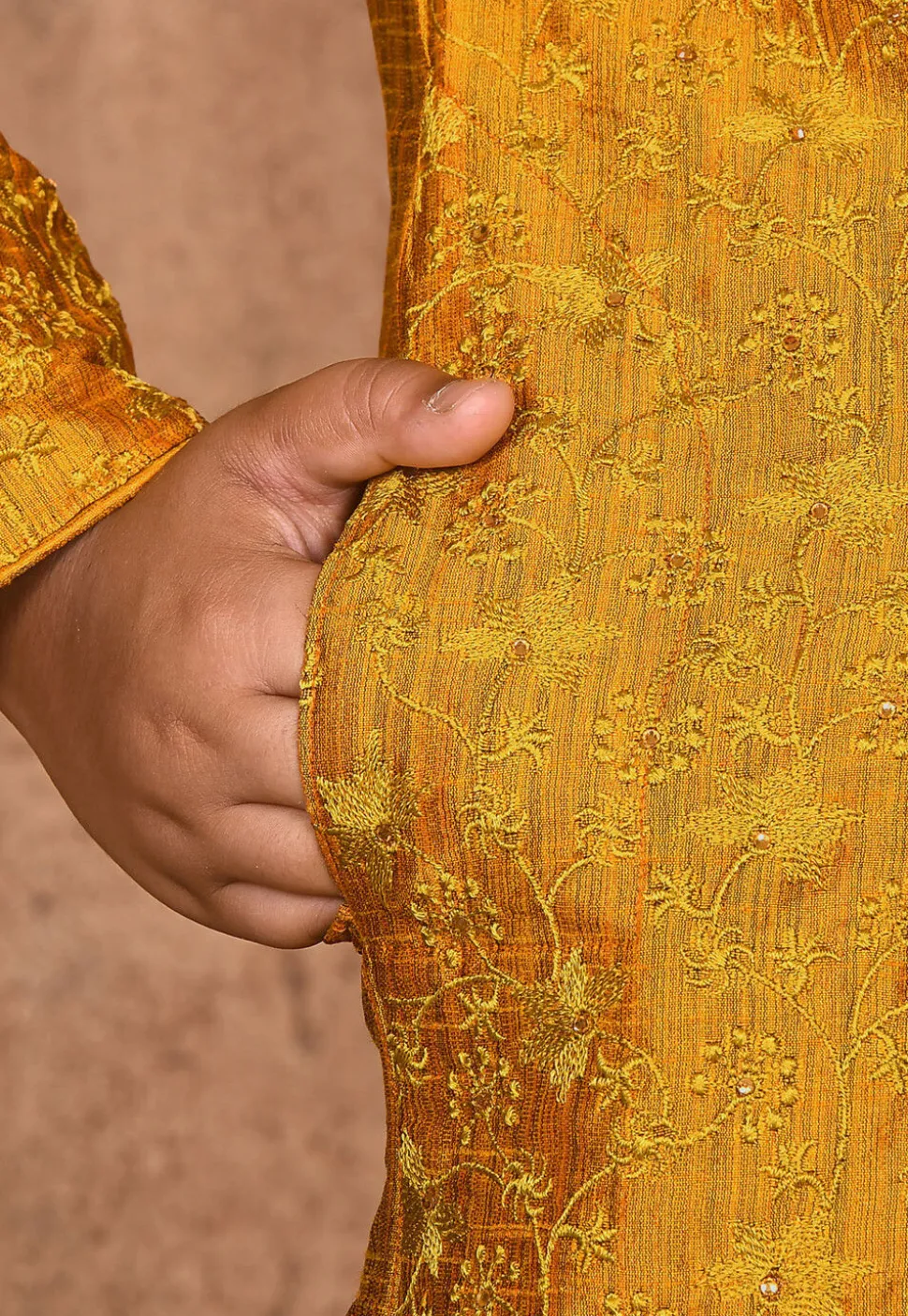 Embroidered Dupion Silk Kurta in Mustard