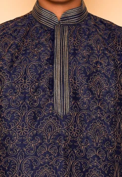 Embroidered Dupion Silk Kurta Set in Navy Blue