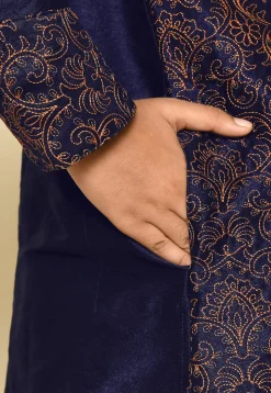 Embroidered Dupion Silk Kurta Set in Navy Blue