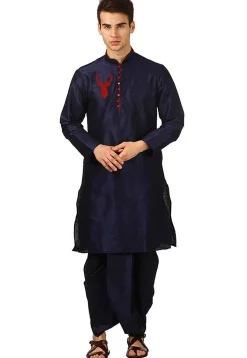 Embroidered Dupion Silk Kurta Set in Navy Blue