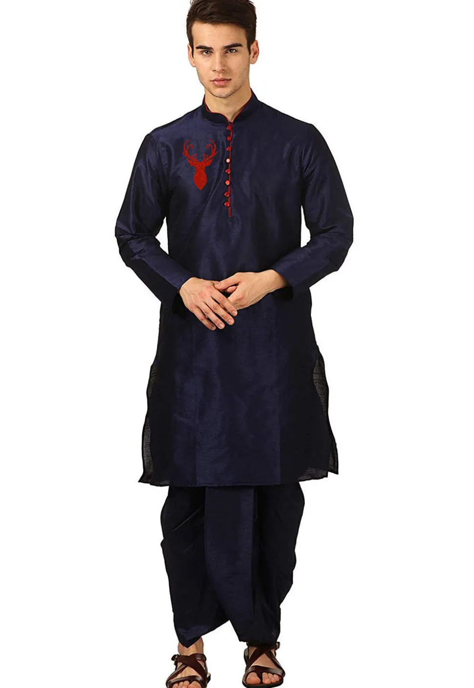 Embroidered Dupion Silk Kurta Set in Navy Blue