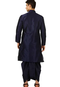 Embroidered Dupion Silk Kurta Set in Navy Blue