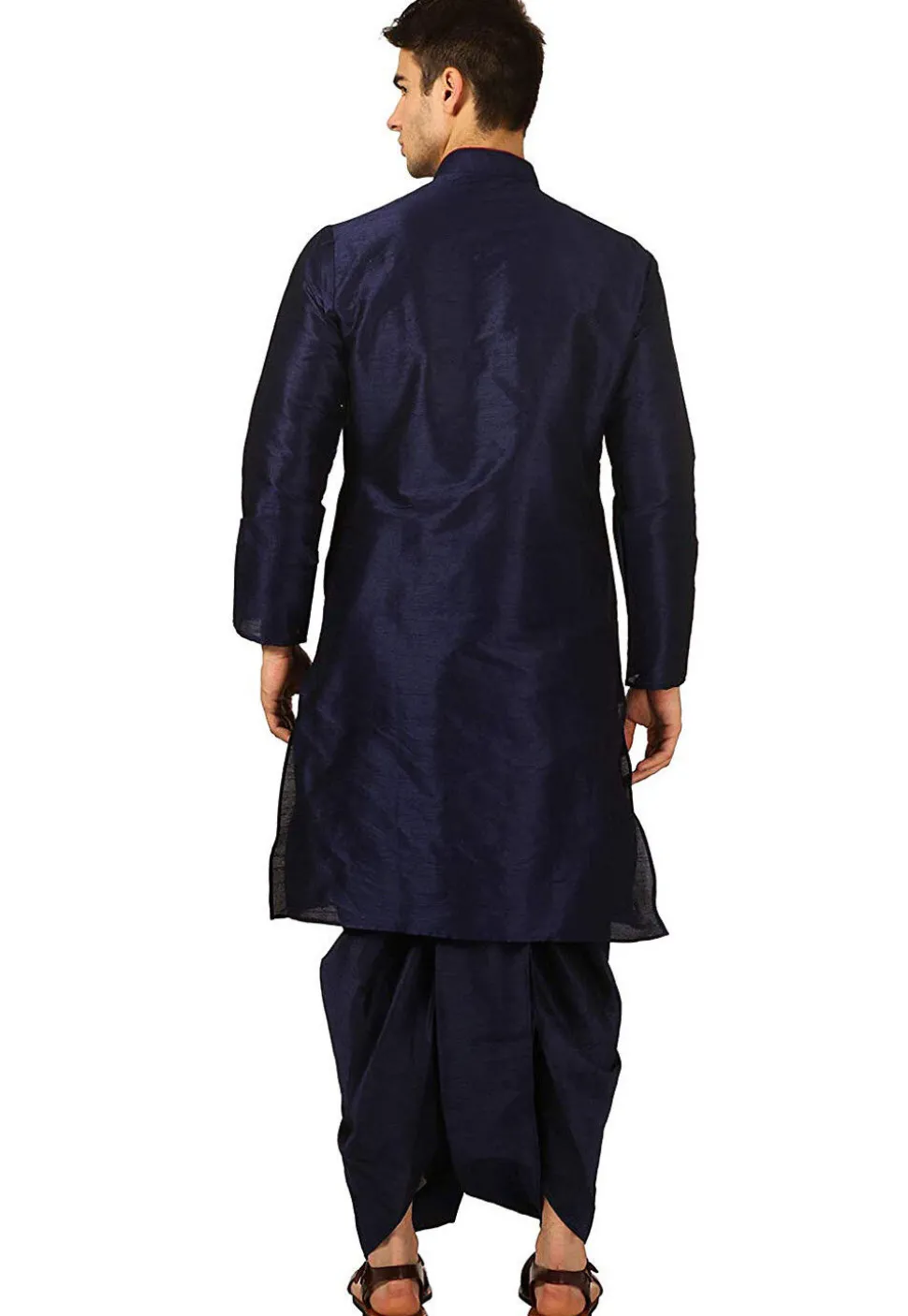 Embroidered Dupion Silk Kurta Set in Navy Blue