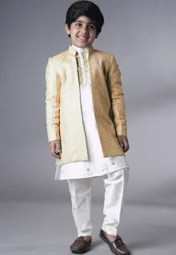 Embroidered Dupion Silk Kurta Set in Off White and Beige