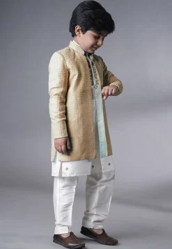 Embroidered Dupion Silk Kurta Set in Off White and Beige
