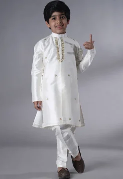 Embroidered Dupion Silk Kurta Set in Off White and Beige