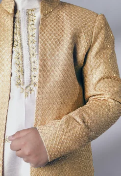 Embroidered Dupion Silk Kurta Set in Off White and Beige