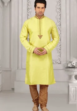 Embroidered Dupion Silk Kurta Set in Light Green