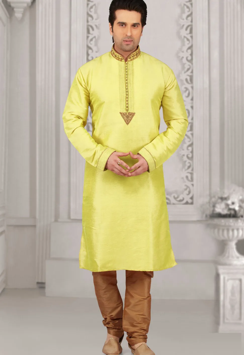 Embroidered Dupion Silk Kurta Set in Light Green
