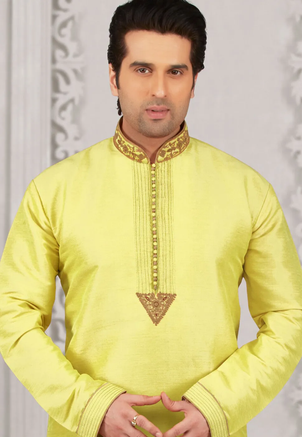 Embroidered Dupion Silk Kurta Set in Light Green