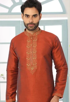 Embroidered Dupion Silk Kurta Set in Rust