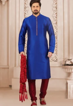 Embroidered Dupion Silk Kurta Set in Royal Blue
