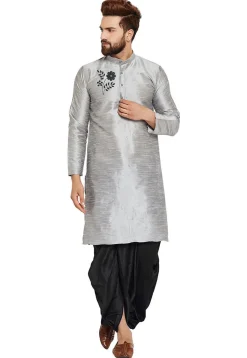 Embroidered Dupion Silk Kurta Set in Light Grey
