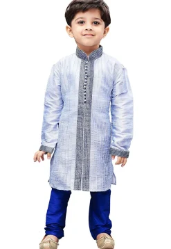 Embroidered Dupion Silk Kurta Set in Light Blue