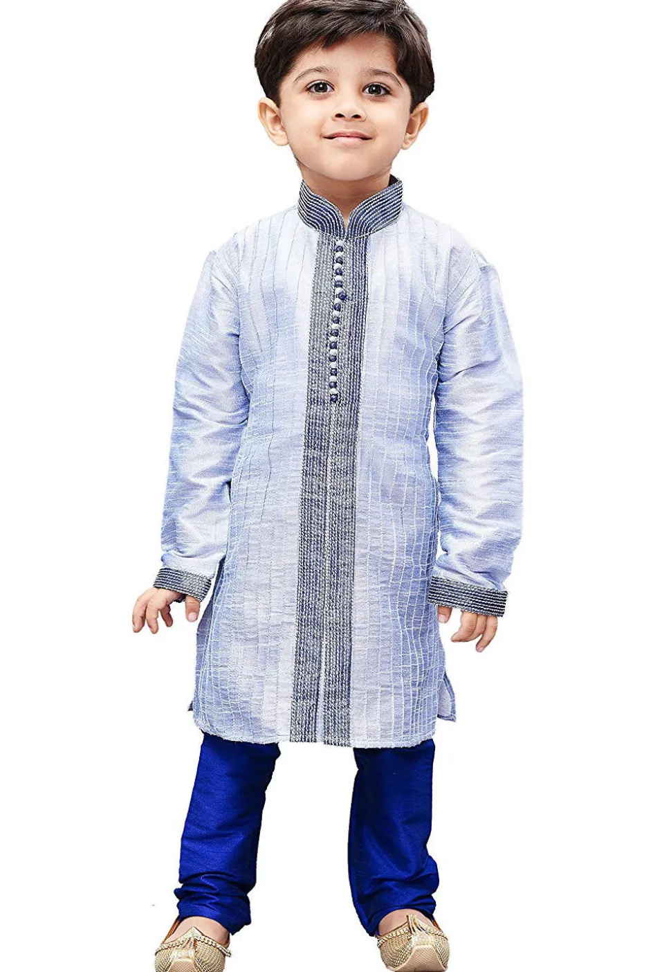 Embroidered Dupion Silk Kurta Set in Light Blue