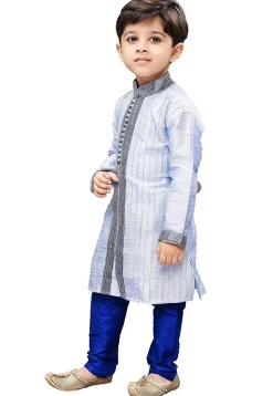 Embroidered Dupion Silk Kurta Set in Light Blue