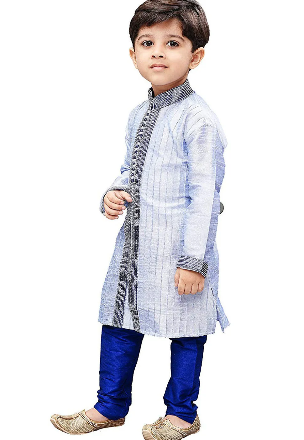 Embroidered Dupion Silk Kurta Set in Light Blue