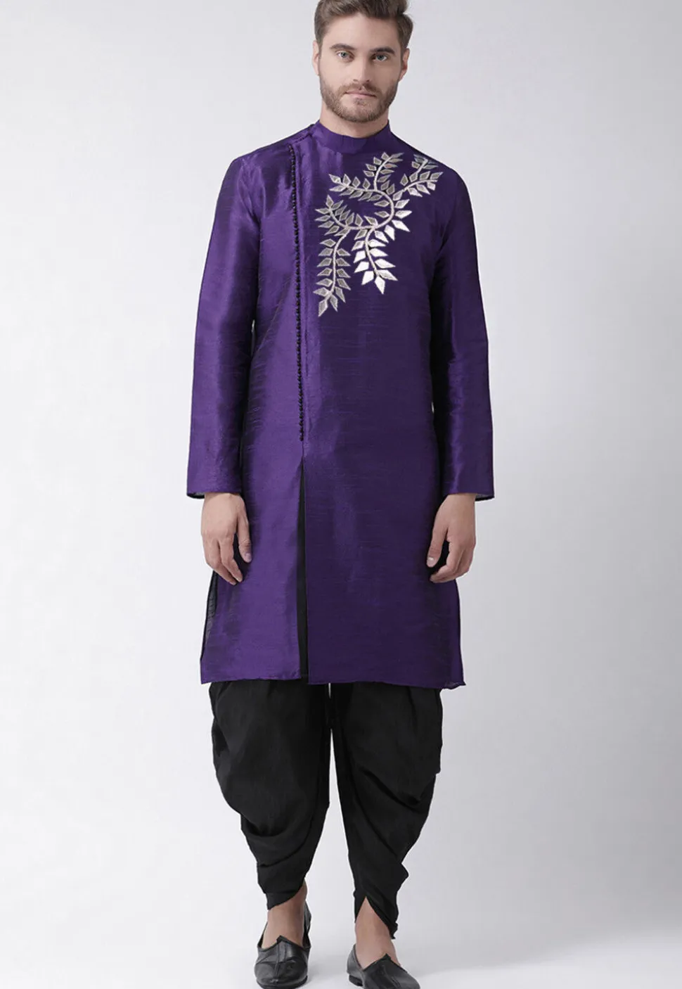Embroidered Dupion Silk Kurta Set in Dark Purple