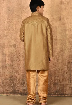 Embroidered Dupion Silk Kurta Set in Dark Beige