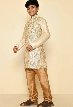 Embroidered Dupion Silk Kurta Set in Light Beige