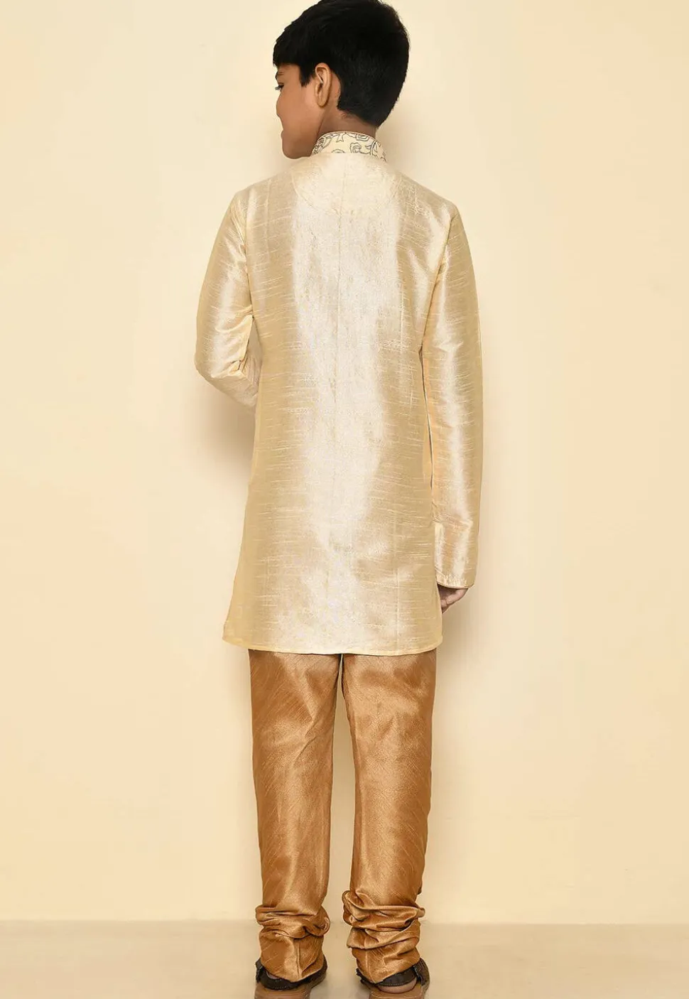 Embroidered Dupion Silk Kurta Set in Light Beige