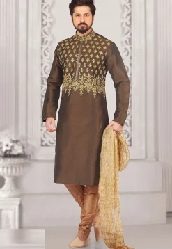 Embroidered Dupion Silk Kurta Set in Dark Brown