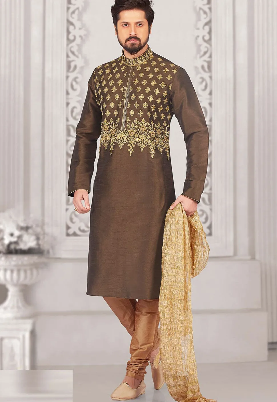 Embroidered Dupion Silk Kurta Set in Dark Brown