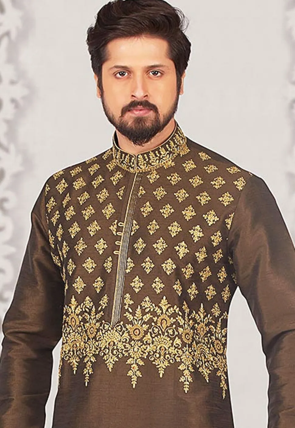 Embroidered Dupion Silk Kurta Set in Dark Brown