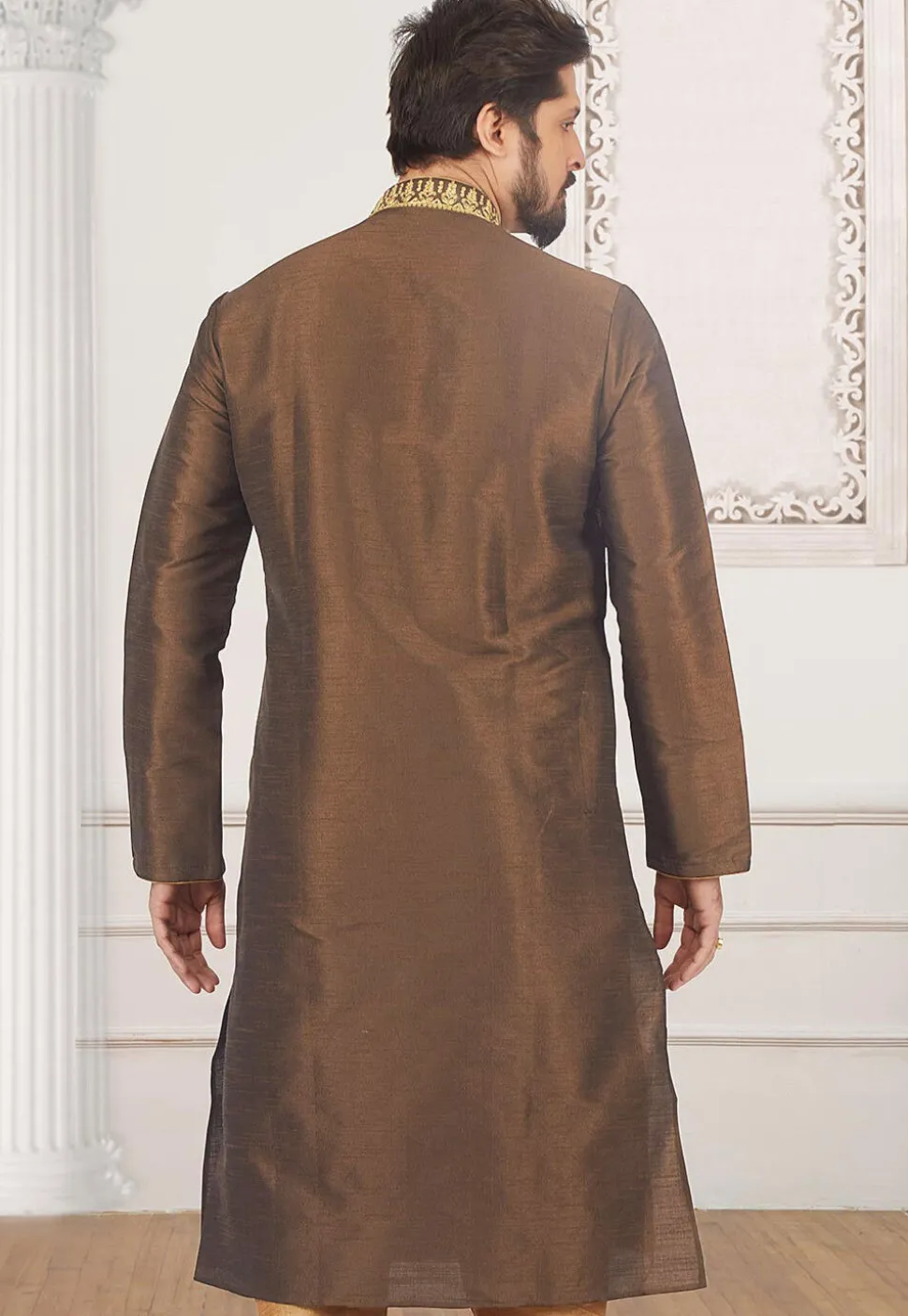 Embroidered Dupion Silk Kurta Set in Dark Brown