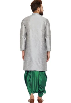 Embroidered Dupion Silk Kurta Set in Light Grey