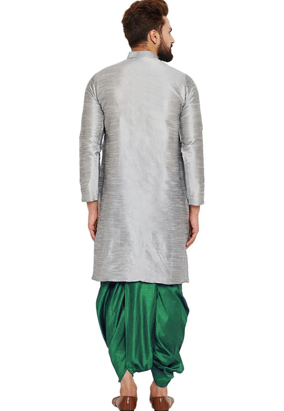 Embroidered Dupion Silk Kurta Set in Light Grey
