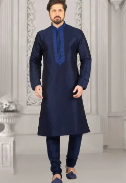 Embroidered Dupion Silk Kurta Set in Navy Blue