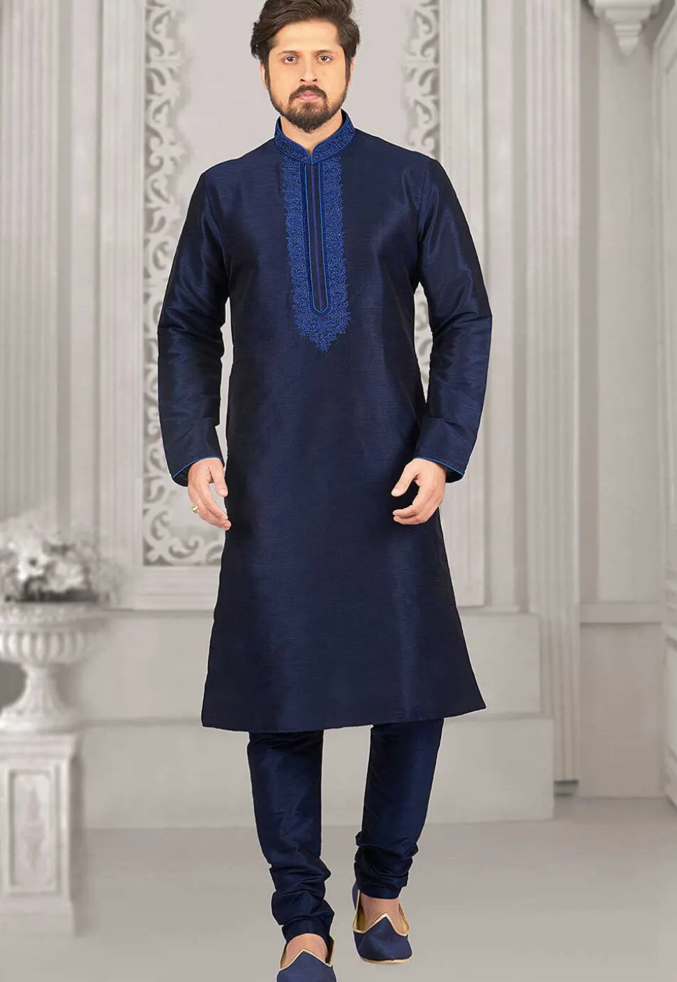 Embroidered Dupion Silk Kurta Set in Navy Blue
